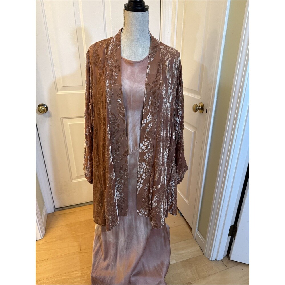 HANDPAINTED SILK GOWN Bright Side Mauve Pink Cut Velvet Jacket & Silk Dress Sz M